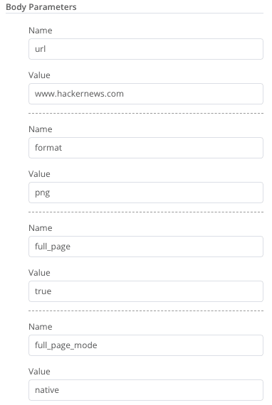 example body parameters for urlbox  API request