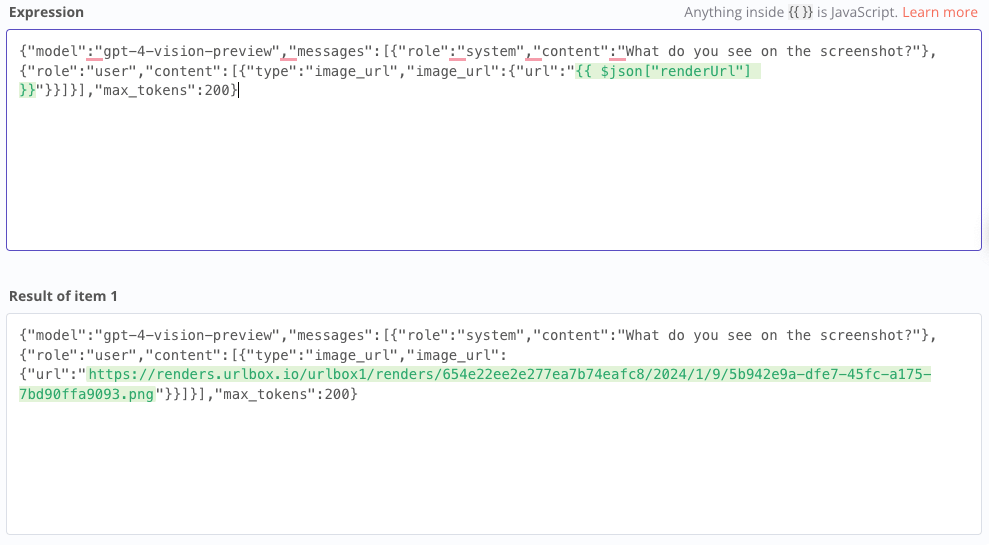 Expression view of the JSON to define the input for the API
