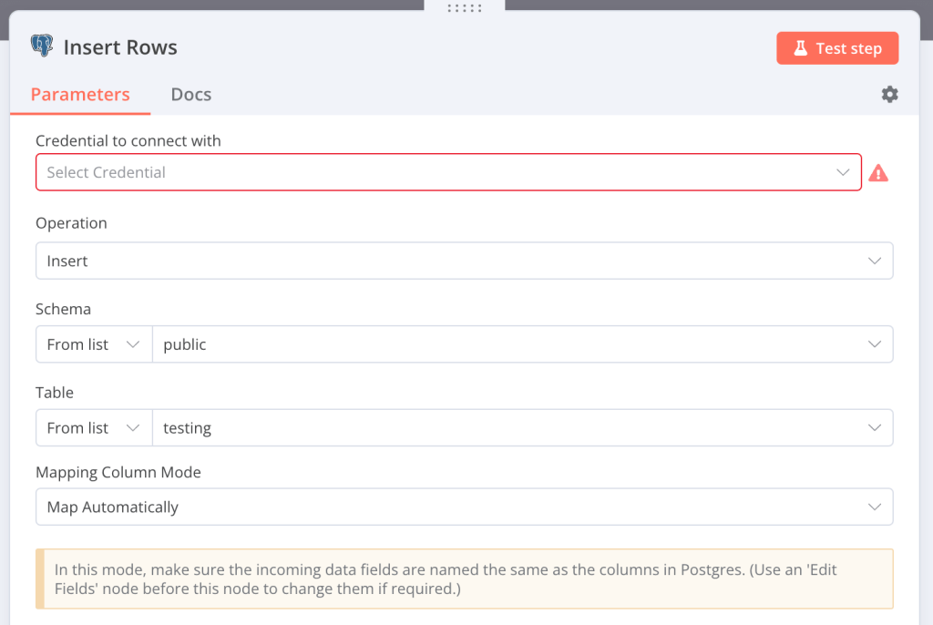 Insert rows into Postgres table with n8n