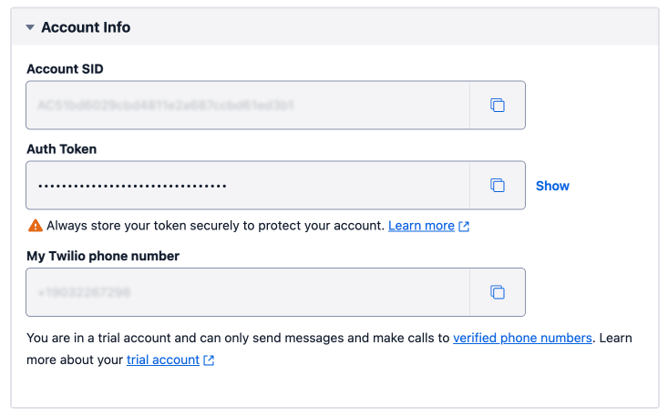 Twilio Account SID, Auth Token & Phone number in the Account Information